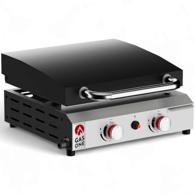 GasOne 2 Burner Flat Top Gas Grill with Lid – Auto Ignition Propane – Premium Stainless Steel Body with Pre Season Griddle, Oil Drip Tray