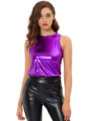INSPIRE CHIC Women's Party Shiny Sleeveless Keyhole Back Club Metallic Tank Top