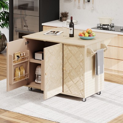 KWPZQEB Kitchen Island, Rolling Kitchen Island Table on Wheels with Drop Leaf, Towel Rack & Adjustable Shelf, Solid Wood Handwoven Cabinet