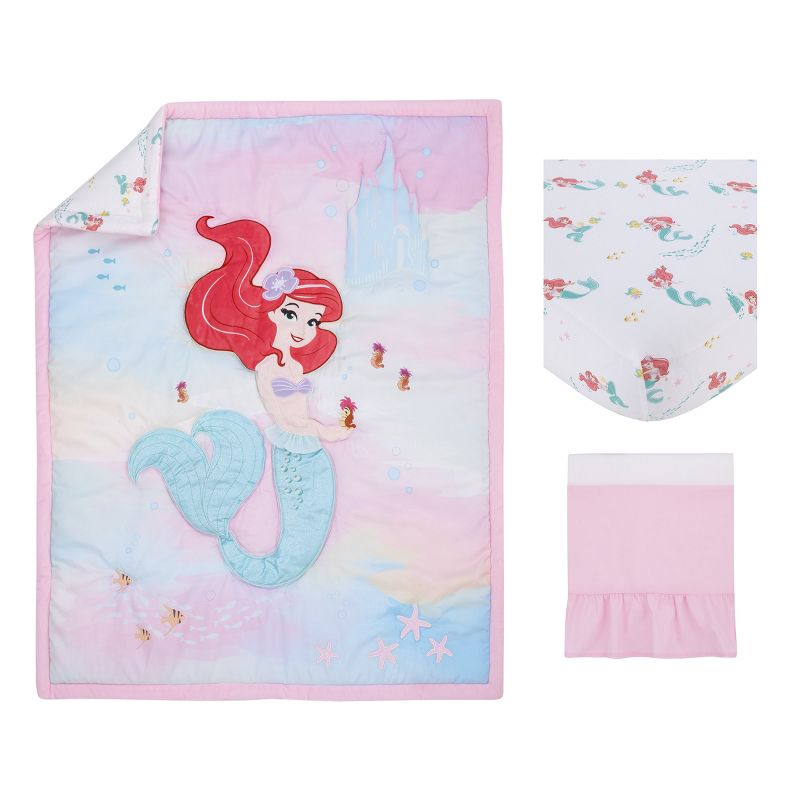 Disney Ariel Watercolor Wishes Aqua, Pink and White 3 Piece Nursery Crib Bedding Set - Comforter, 100% Cotton Fitted Crib Sheet and Crib Skirt, 5 of 9