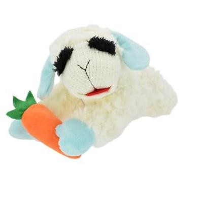 Multipet Spring Easter Lamb Chop with Light Blue Ears Holding Carrot Plush Squeaker Dog Toy