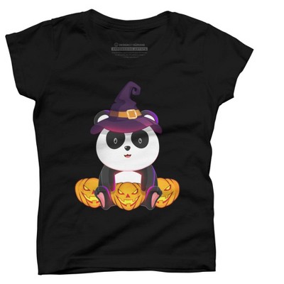 Girl's Design By Humans Cute Panda Mock up Witch With Jack O Lantern Halloween T-Shirt By thebeardstudio T-Shirt