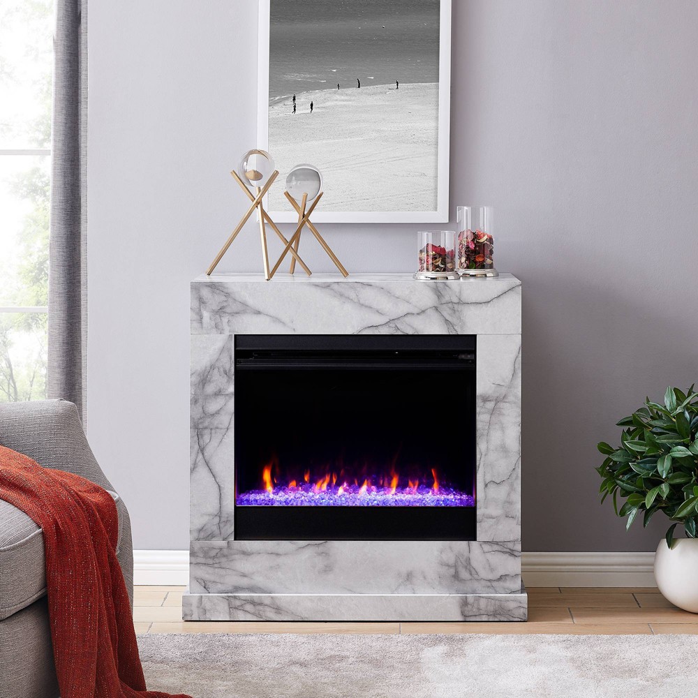 Photos - Electric Fireplace Dridun Faux Marble Color Changing Fireplace White/Gray - Aiden Lane