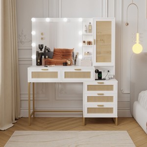 Modern Vanity Makeup Desk with Vanity Mirror,Built-in Lights,5 Drawers & Cabinet,Power Outlet,Makeup Desk for Bedroom,3 Ligthing Color-Rattan - 1 of 4