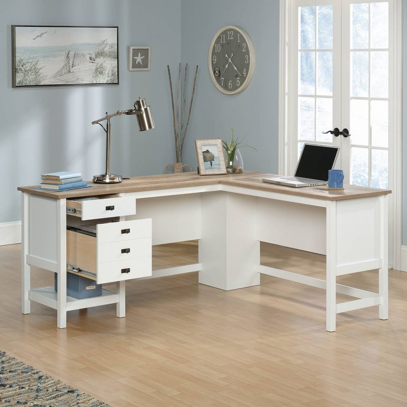 Cottage Road L-Shaped Desk with Oak Finished Top Soft White - Sauder: Farmhouse Style, File Storage, Grommet Holes, 4 of 9