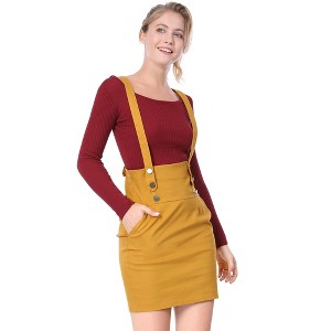 Allegra K Women's Button Decor High Waist Straight Braces Suspender Skirt - 1 of 4