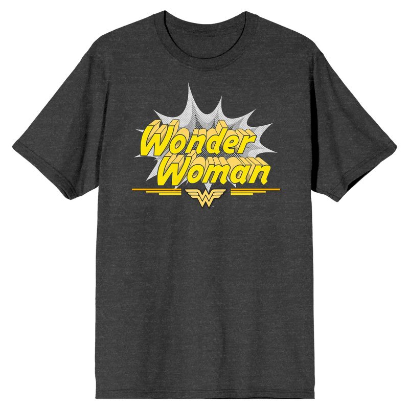 Wonder Woman Comic Title and Logo Men's Charcoal Heather Graphic Tee, 1 of 4