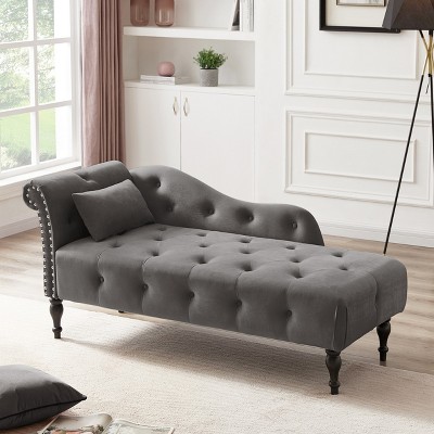 Beautyolove 60.6" Velvet Chaise Lounge Buttons Tufted Nailhead Trimmed Solid Wood Legs with 1 Pillow,Grey