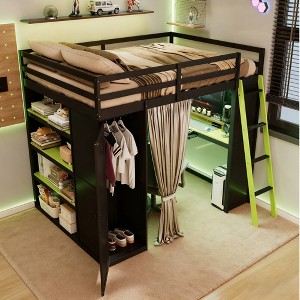 Luxystar Modern Gaming Full Size Loft Bed With Desk, Power Outlets, RGB Lighted Pegboard, Storage Bookcase And Wardrobe - 1 of 4