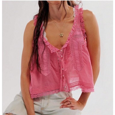 Nmoder  Women Summer Beach Vacation Boho Tie Front Tank Crop Tops Sleeveless Ruffled Lace Trim Scoop