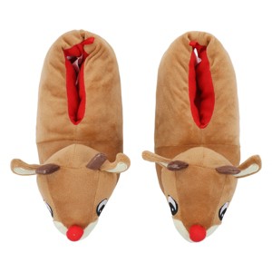 Rudolph The Red-Nosed Reindeer 3D Character Head Youth Brown Plush Slippers - 1 of 4