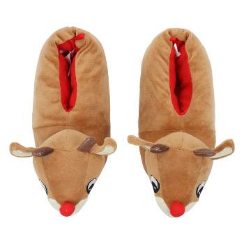 Rudolph The Red-Nosed Reindeer 3D Character Head Youth Brown Plush Slippers