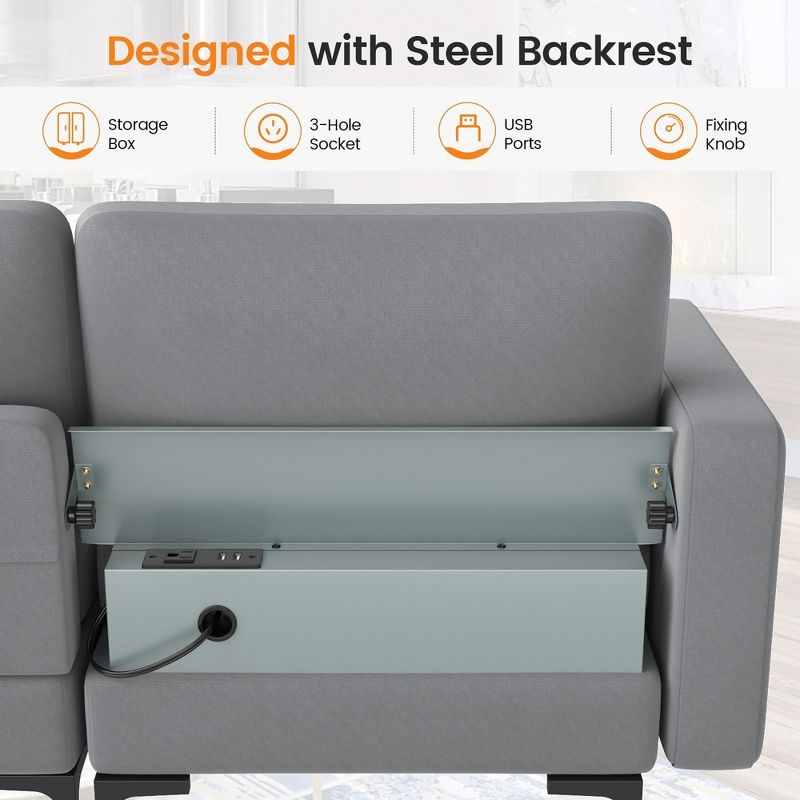 Costway Modular 3-Seat Sofa Couch with  Socket USB Ports & Side Storage Pocket Ash Grey, 5 of 11