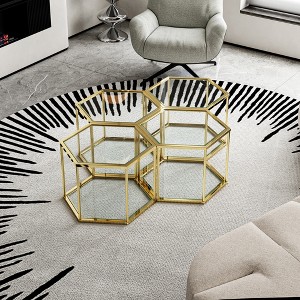 4pcs Small Stainless Steel Coffee Table with Double-Layer Tempered Glass and Polygonal Design for Living Room - 1 of 4