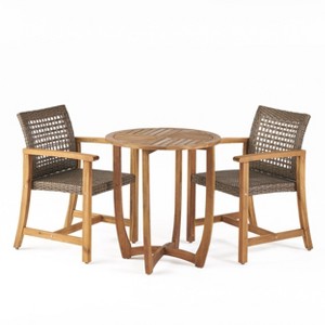 GDFStudio Lepage Outdoor Acacia Wood and Wicker 3 Piece Bistro Set, Teak/Mixed Mocha - 1 of 4