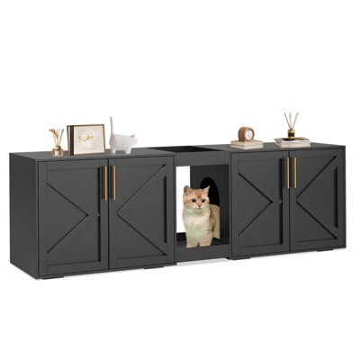 Cat Litter Box Enclosure with Double Room, Modern Wood Cat Washroom Furniture with Pad