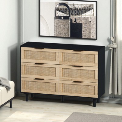 FURNIinspire Dressers 6 Drawers Rattan Storage Cabinet Dresser Organizer For Bedroom, Nursery, Clothes Closet, Multicolored, 43.31"*15.75"*29.53"