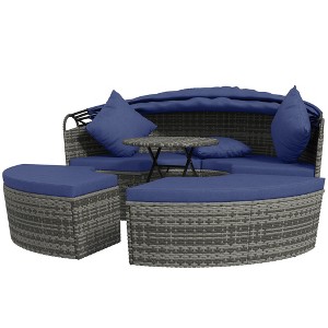 4 Piece Round Rattan Daybed Furniture Set, Canopy, Outdoor Sofa, 2 Chairs, Extending Table Ottoman Chair, Pillows - 1 of 4