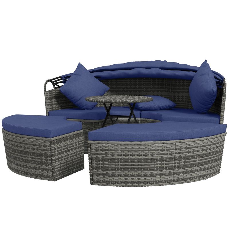 Outsunny 4pc Rattan Patio Furniture Set, Sectional Outdoor Sofa Set with Adjustable Sun Canopy, 2 Chairs, Extending Tea Table, Pillows, 5 of 9