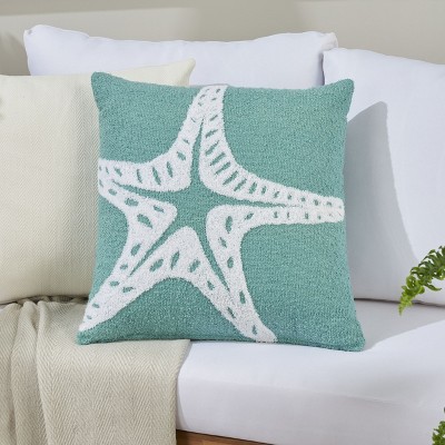 Turquoise Embroidered Starfish 18" x 18" Indoor Outdoor Throw Pillow