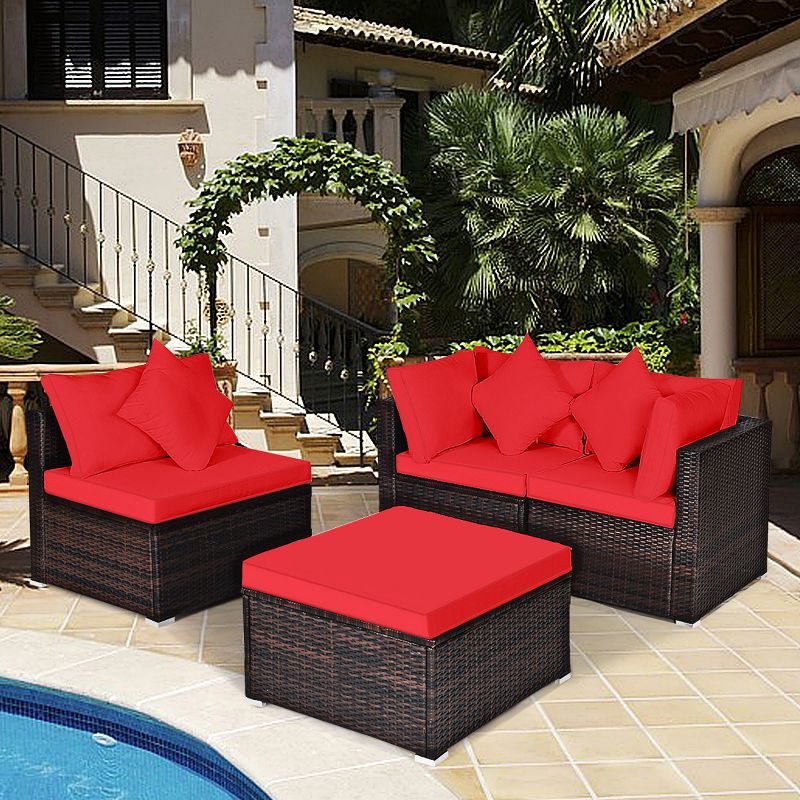 Tangkula 4-Piece Outdoor Rattan Sofa Set Sectional Conversation Couch Ottoman Turquoise/Red, 3 of 7