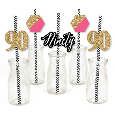 Big Dot of Happiness Chic 90th Birthday - Pink, Black and Gold - Paper Straw Decor - Birthday Party Striped Decorative Straws - Set of 24