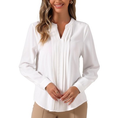 Allegra K Women's Pleated Formal Long Sleeve Business Office V Neck Casual Shirt