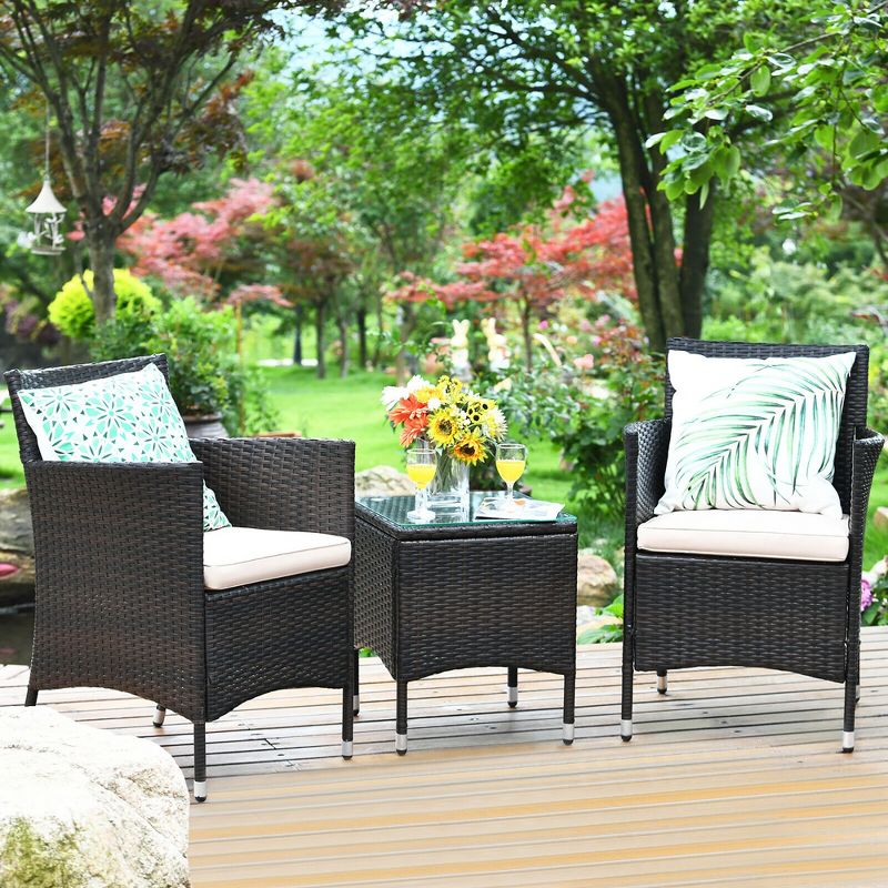 Costway Outdoor 3 PCS PE Rattan Wicker Furniture Sets Chairs  Coffee Table Garden, 1 of 12