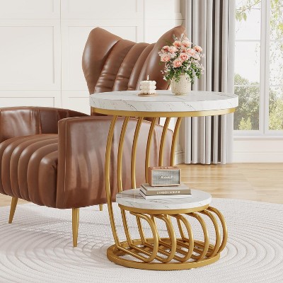 Gold and White Faux Marble Round End Table with Storage Shelf