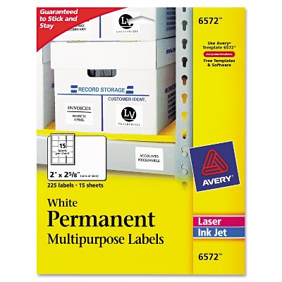 Avery Permanent ID Labels Inkjet/Laser 2 x 2 5/8 White 225/Pack 6572