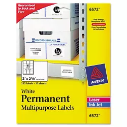 Avery Permanent ID Labels Inkjet/Laser 2 x 2 5/8 White 225/Pack 6572