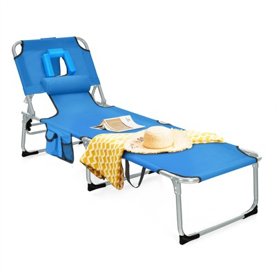 Tangkula Beach Lounge Chair Reclining Chair with 5 Adjustable Positions Detachable Pillow &Hand Ropes Blue/Black/Gray/Turquoise/Beige/Pink