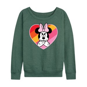 Women's - Disney - Minnie Mouse Rainbow Heart Lightweight French Terry Wide Neck Long Sleeve Graphic Shirt - 1 of 4