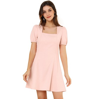 Allegra K Women's Elegant Square Neck Solid Color Puff Sleeve A-Line Short Dress