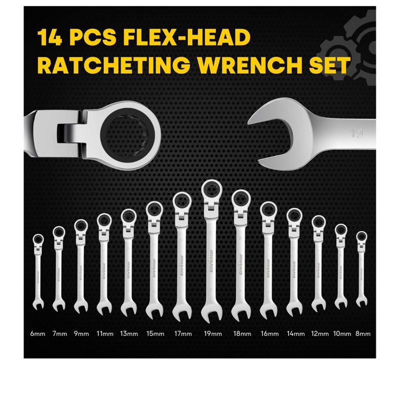 Enventor 14-piece Flex-Head  Ratcheting Combination Wrench Sets, CR-V Steel, 72-Teeth, with Carrying Bag, 2 of 7