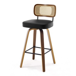Bekrvio Swivel Counter Height Bar Stools, 29" Faux Leather Upholstered with with Rattan Back, Black for Kitchen Counter - 1 of 4