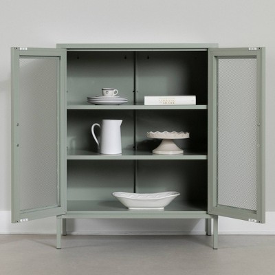 Sage Green Metal Mesh 2-Door Storage Cabinet with Adjustable Shelves