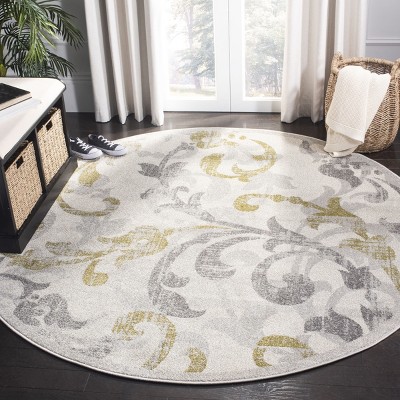 Ivory and Light Grey Round Baroque Print Area Rug