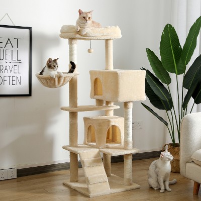 DOMETOUR Multi-Functional 56.2"H Cat Tree Cat Climbing Frame, Cat Tower with Scratching Post/2 Condos/Top Perch/Hammock/Ladder/Dangling Ball