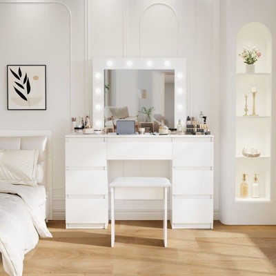 NicBex Makeup Vanity Desk with Mirror and Light,Modern Makeup Table with Drawers for Bedroom,White
