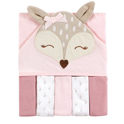 Hudson Baby Infant Girl Hooded Towel and Five Washcloths, Fawn, One Size