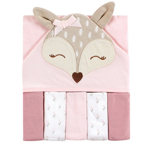 Hudson Baby Infant Girl Hooded Towel And Five Washcloths, Fawn, One ...