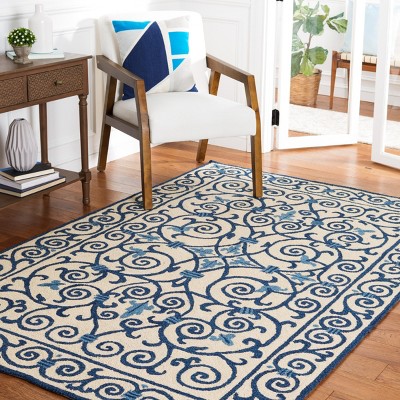Ivory and Dark Blue Handmade Wool 6' x 9' Area Rug
