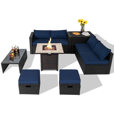 Tangkula 9 Pieces Outdoor PE Rattan Wicker Sectional Sofa with 42" Gas Fire Pit Table Space-Saving Patio Conversation Set with Storage Box Black/Grey/Navy/Red/Turquoise/Off White
