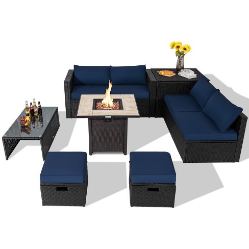 Tangkula 9 Pieces Outdoor PE Rattan Wicker Sectional Sofa with 42" Gas Fire Pit Table Space-Saving Patio Conversation Set with Storage Box Black/Grey/Navy/Red/Turquoise/Off White - image 1 of 4