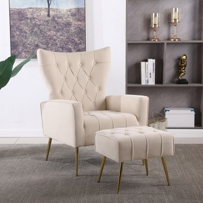 Accent Chair With Ottoman Set Of 2, Velvet Button Armchair With Backrest, Modern Upholstered Sofa Chair With Metal Legs For Living Room
