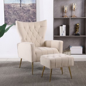 Accent Chair With Ottoman Set Of 2, Velvet Button Armchair With Backrest, Modern Upholstered Sofa Chair With Metal Legs For Living Room - 1 of 4