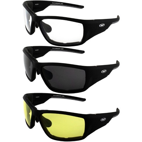 3 Pairs of Global Vision Kinetic Safety Motorcycle Glasses with Clear, Smoke, Yellow Lenses
