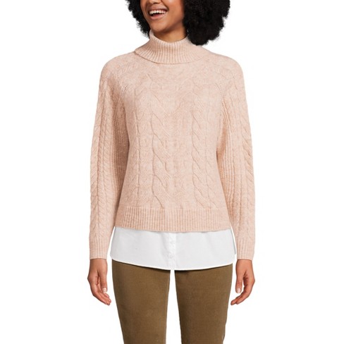 Lands End Women s Cable Turtleneck with Mock Shirt Detail Sweater X Small Oatmeal Marl