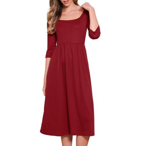 Женские платья INSPIRE CHIC Women's Square Neck 3/4 Sleeves Waffle Knit Casual Midi Dress Medium Dark Red